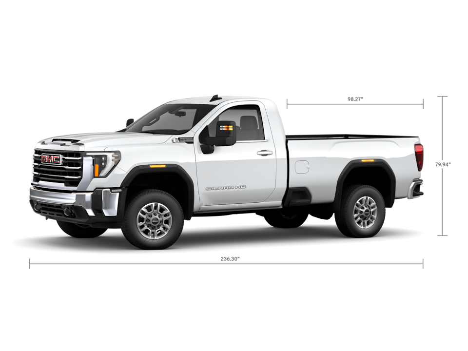 Front Three-Quarters View of a GMC Sierra HD 2500 SLE Truck with a Dimension Diagram