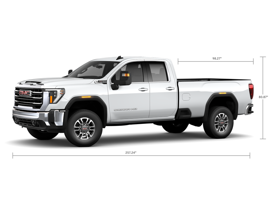 Front Three-Quarters View of a GMC Sierra HD 3500 SLE Truck with a Dimension Diagram