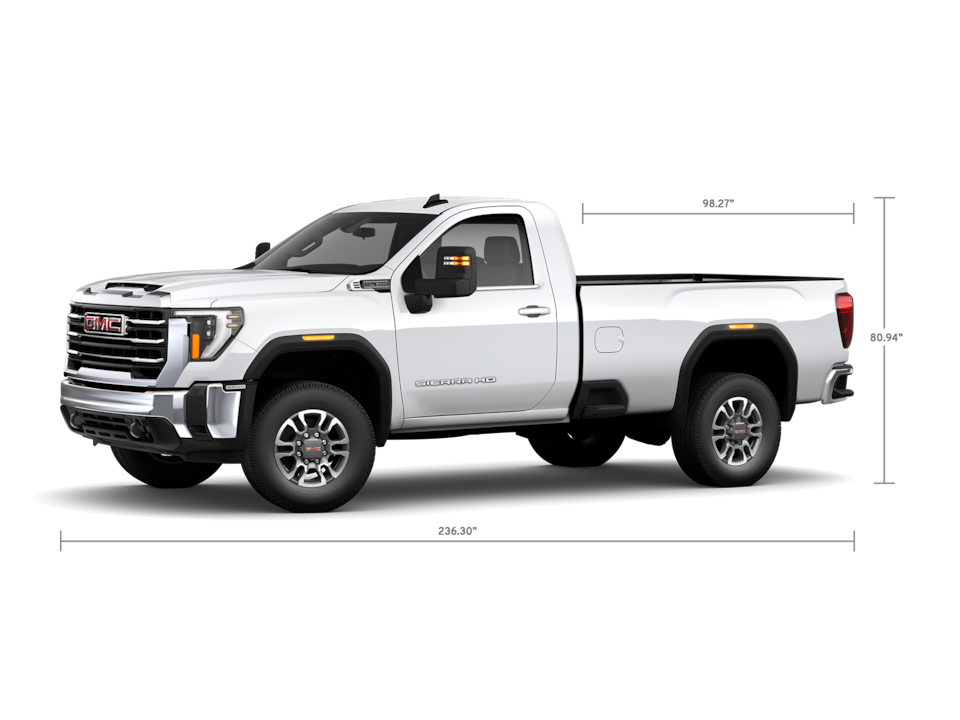 Front Three-Quarters View of a GMC Sierra HD 3500 SLE Truck with a Dimension Diagram