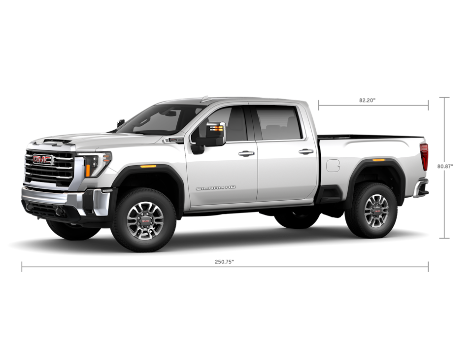 Front Three-Quarters View of a GMC Sierra HD 3500 SLE Truck with a Dimension Diagram