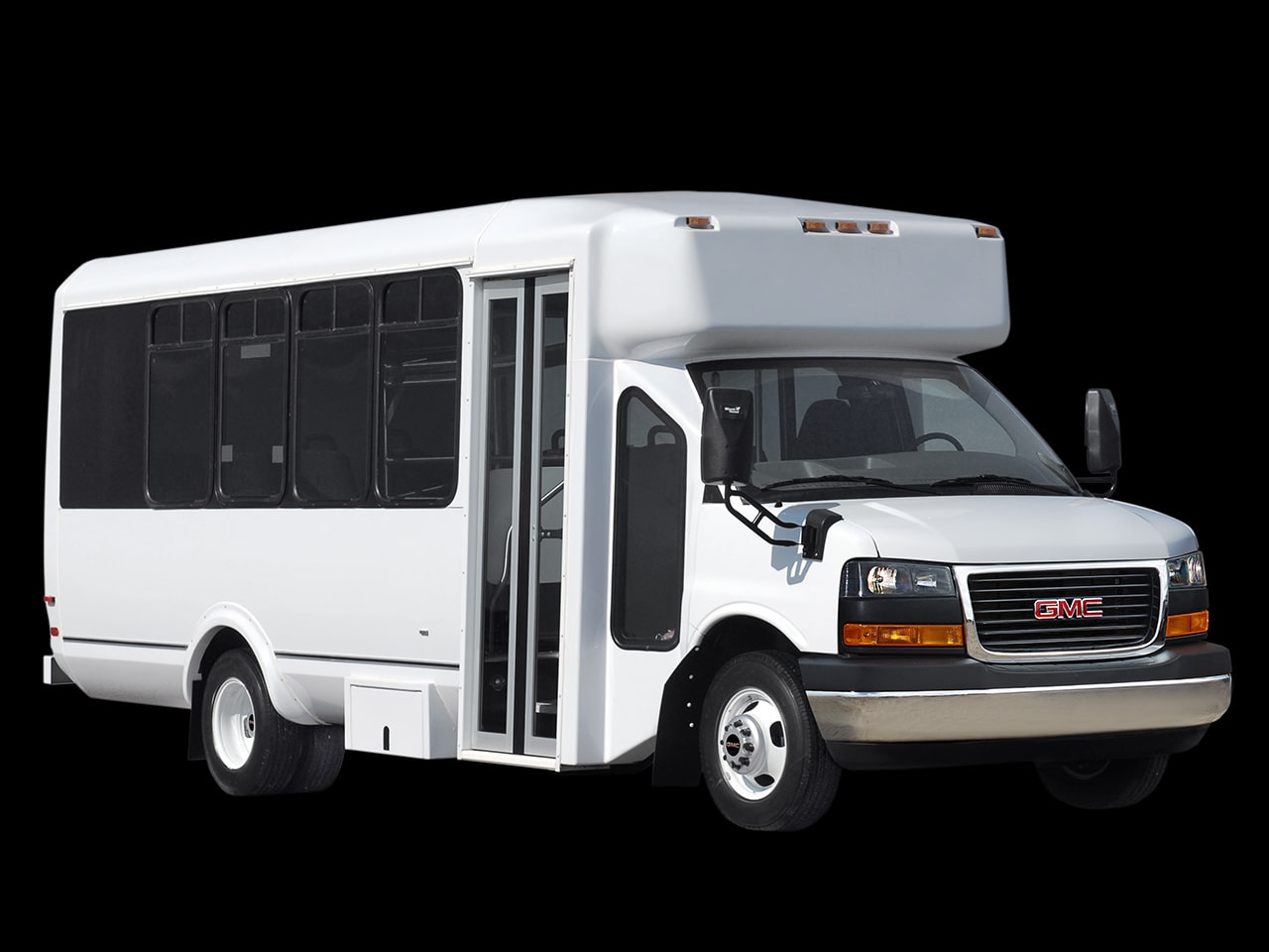Front Three-Quarter View of a White 2026 GMC Savana Cutaway as a Shuttle Bus  with its Side Door Closed