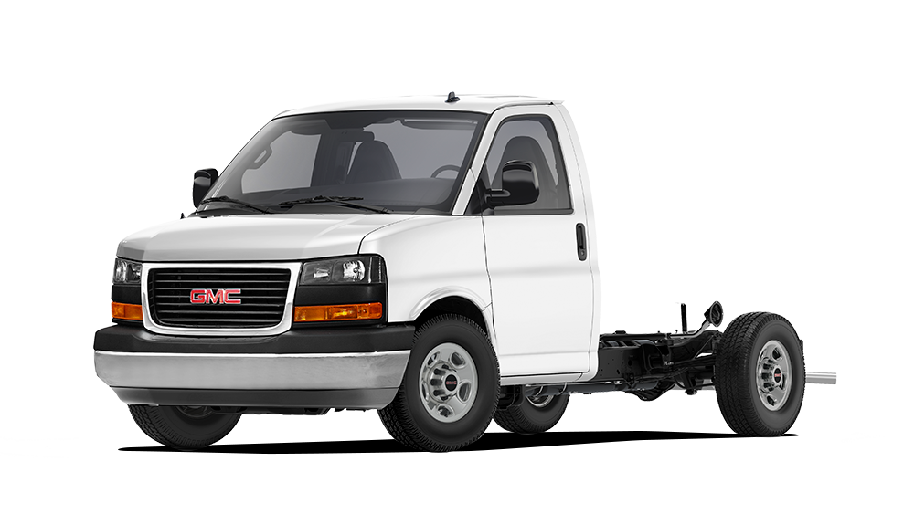 Exterior Front Three-Quarters View of a Summit White 2026 GMC Savana Cutaway Van