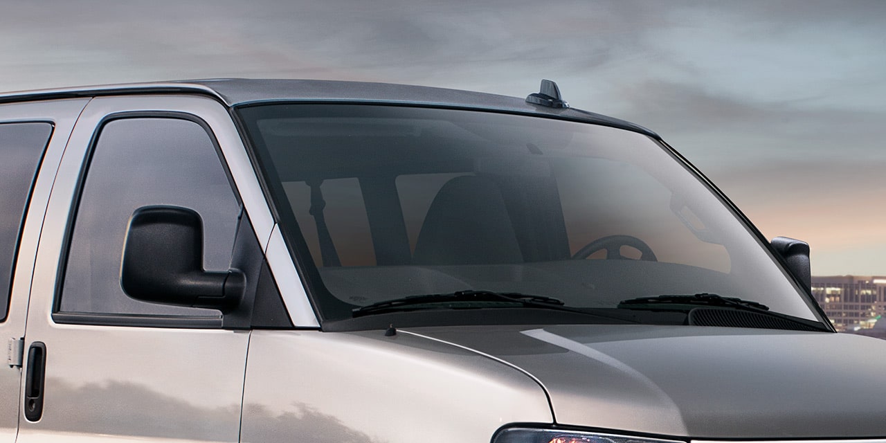 Close-up of the Windshield and Front Windows on a 2026 GMC Savana Passenger Van