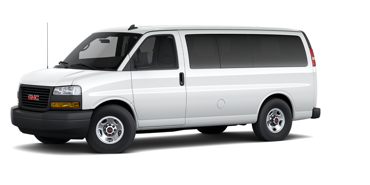 Front Three-Quarters View of a 2026 GMC Savana 2500 Passenger Van with Width and Height Dimensions Graphic