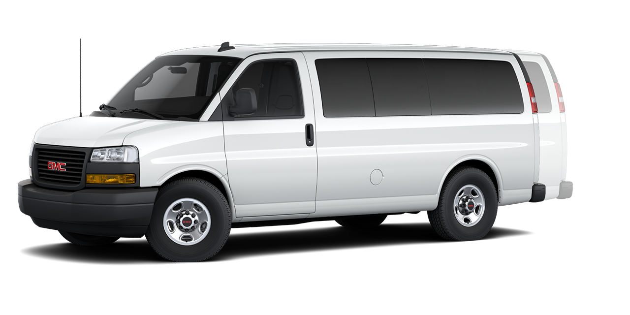 Front Three-Quarters View of a 2026 GMC Savana 3500 Passenger Van with Width and Height Dimensions Graphic