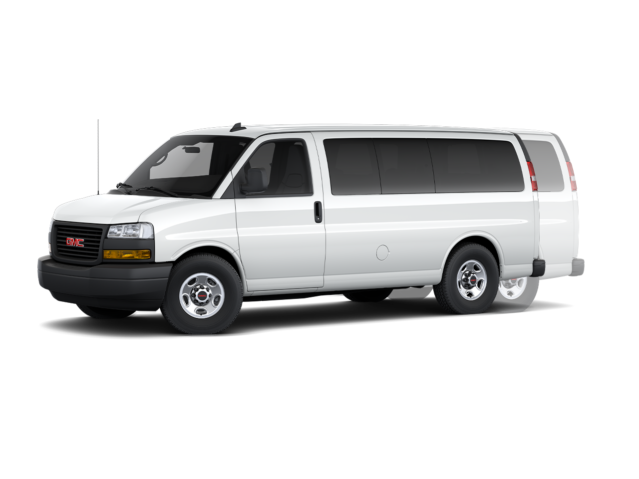 Front Three-Quarters View of a 2026 GMC Savana 3500 Passenger Van with Width and Height Dimensions Graphic