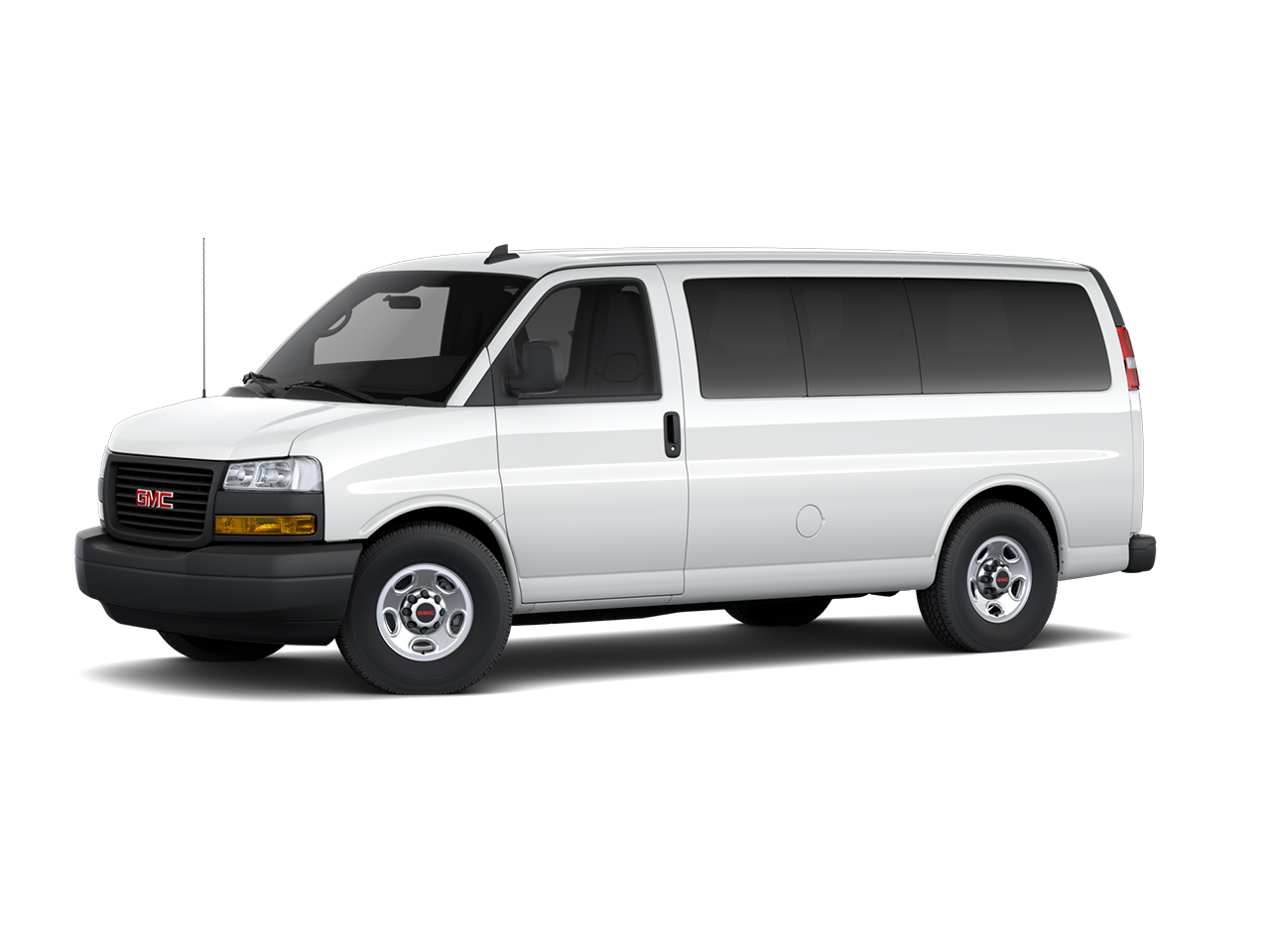 Front Three-Quarters View of a 2026 GMC Savana 2500 Passenger Van with Width and Height Dimensions Graphic