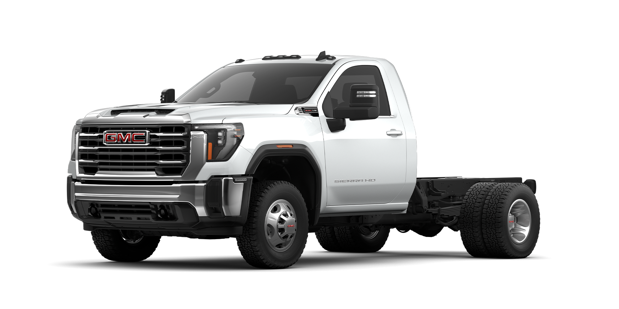 Front Three-Quarters View of the 2026 GMC Sierra Chassis Cab Flat Bed Work Truck