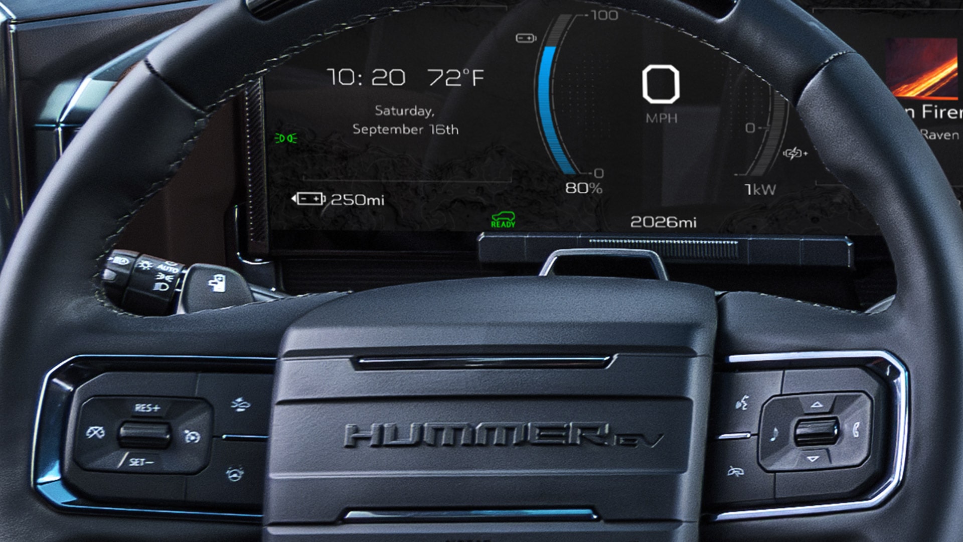 Close-up of the 2026 GMC HUMMER EV Steering Wheel and Driver Information Center