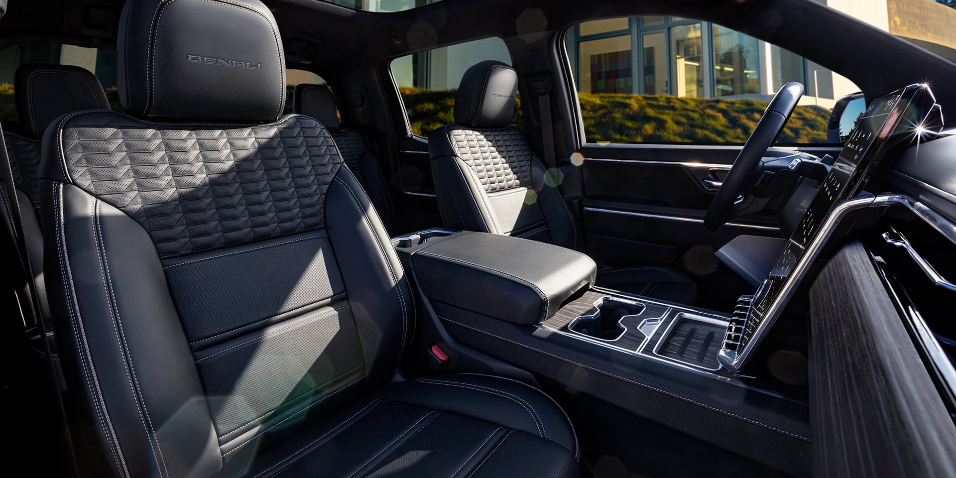 View From the Drivers Side Door of the Luxurious Front Row Seats in the 2026 GMC Sierra EV Denali