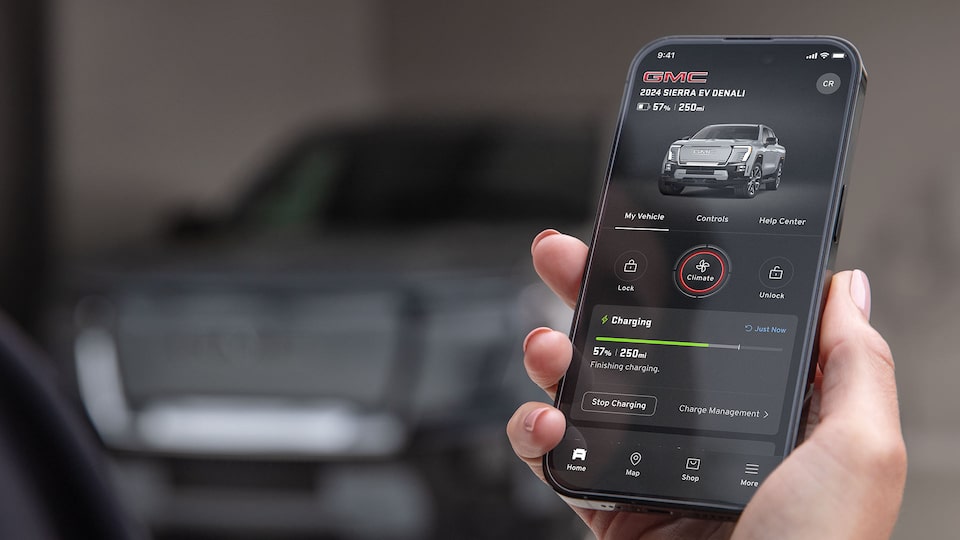 Close-up of the 2026 GMC Sierra EV OnStar One Plan on the GMC Mobile App
