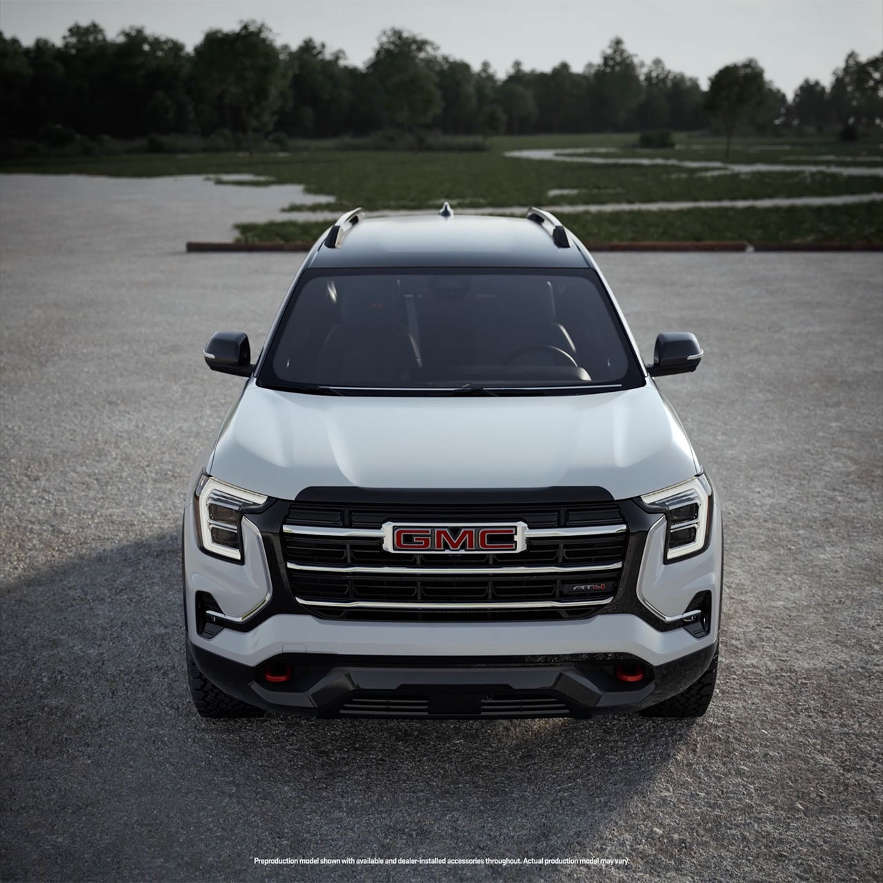 Front Birds-eye View of the 2026 GMC Terrain AT4 Small Off-Road SUVs Stylish Grille and Windshield