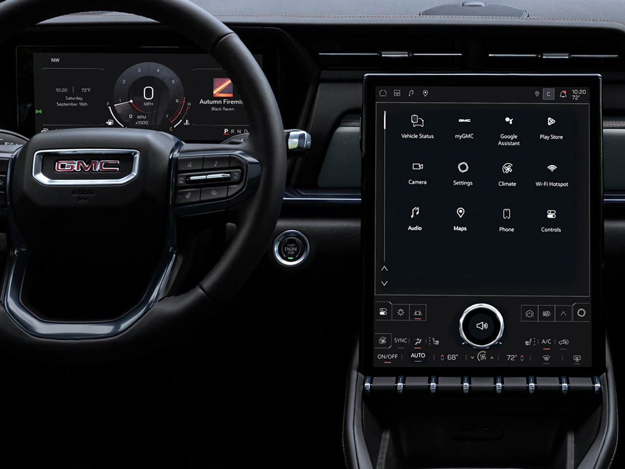 Interior View of the Steering Wheel and Infotainment System in the 2026 GMC Terrain AT4 Small Off-Road SUV
