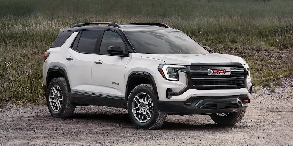 Front Three-Quarters Exterior View of a White 2026 GMC Terrain Elevation Small SUV
