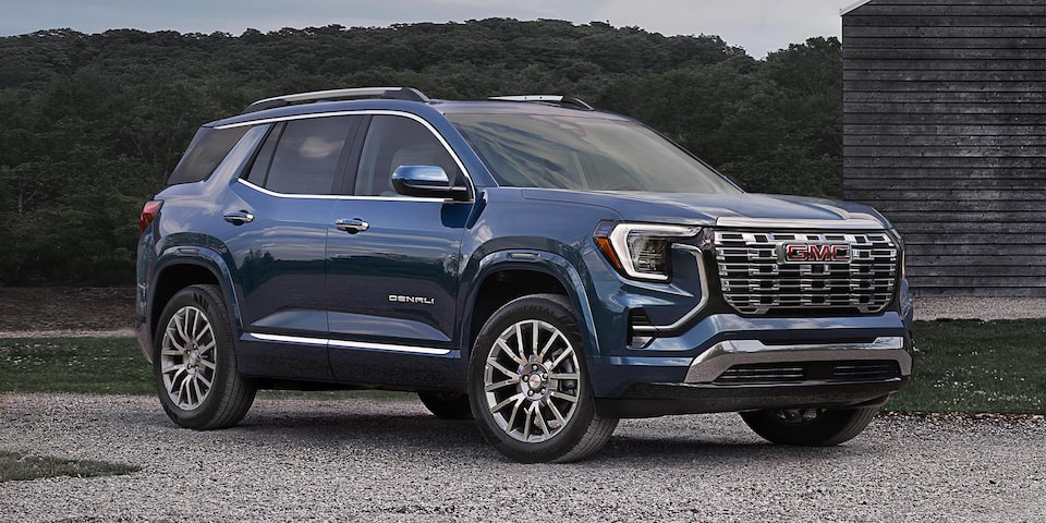 Front Three-Quarters Exterior View of a Blue 2026 GMC Terrain Elevation Small SUV