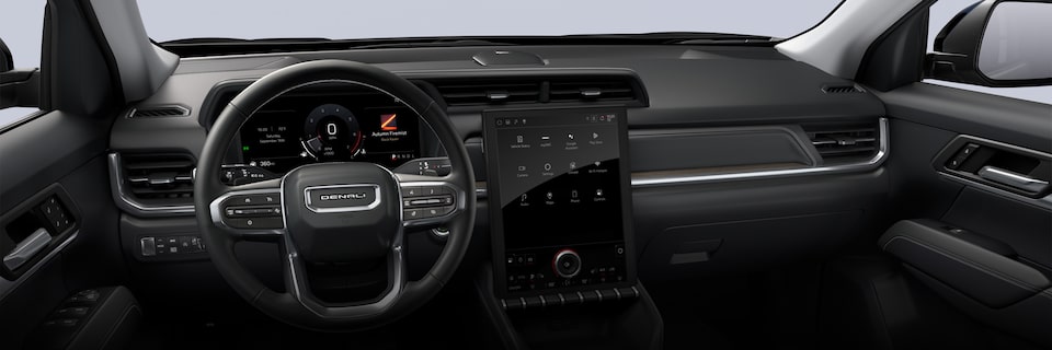 Interior View of the Dashboard, Steering Wheel, and Infotainment System in the 2026 GMC Terrain Elevation Small SUV