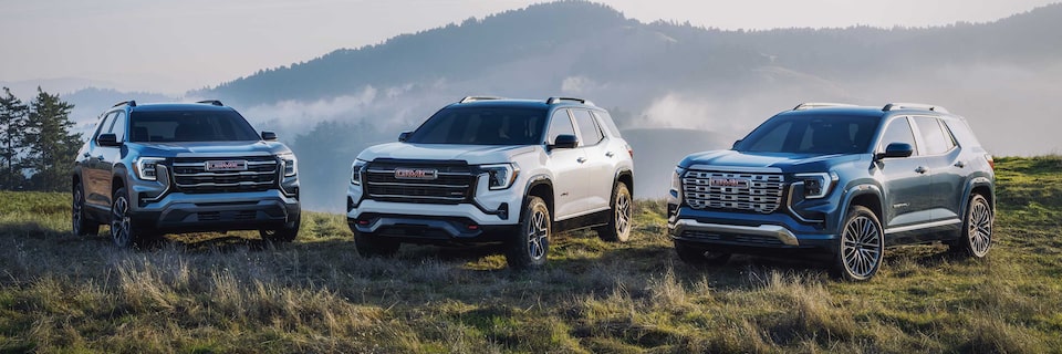 The 2026 GMC Terrain Small SUV Lineup Parked in a Valley Over Looking a Beautiful Mountain Range
