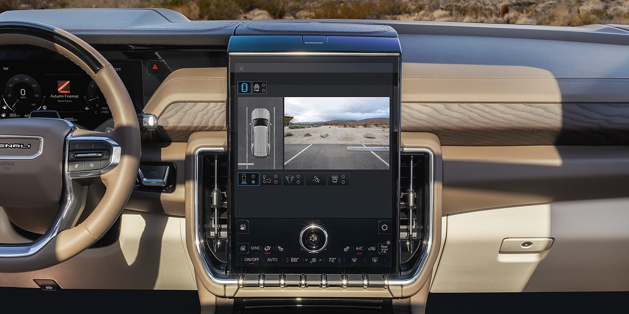 Close-up of the Infotainments Screen in the GMC Yukon Denali Luxury 3 Row SUV Displaying one of the 13 Camera Views