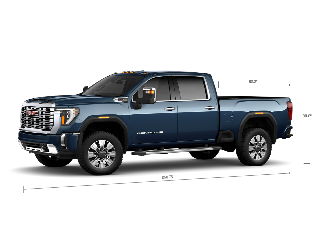 Profile View of the GMC 2026 Sierra 3500 HD Denali Luxury Truck with Measurements for the Truck and Truck Bed