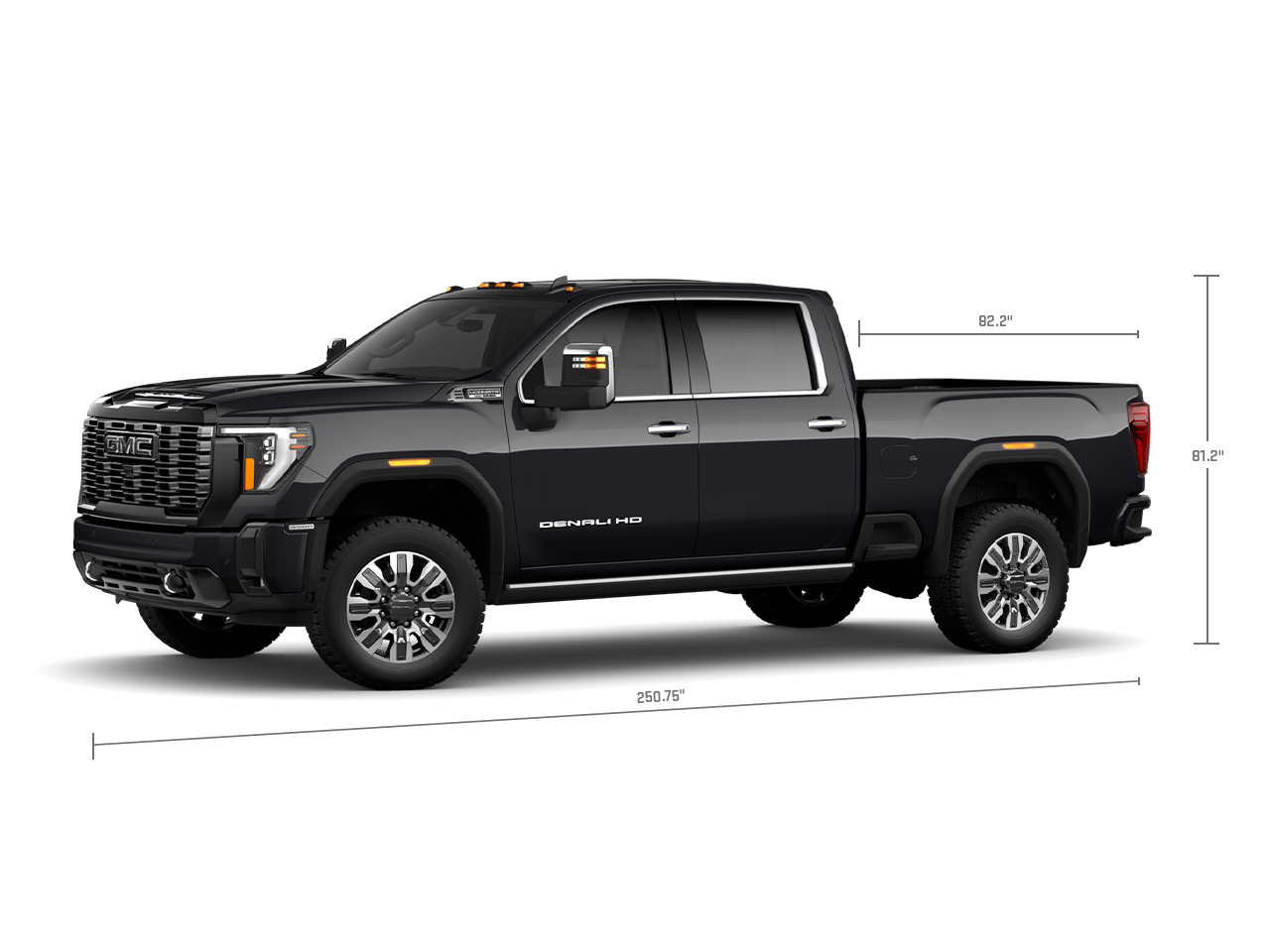 Profile View of the GMC 2026 Sierra 3500 HD Denali Ultimate Luxury Truck with Measurements for the Truck and Truck Bed