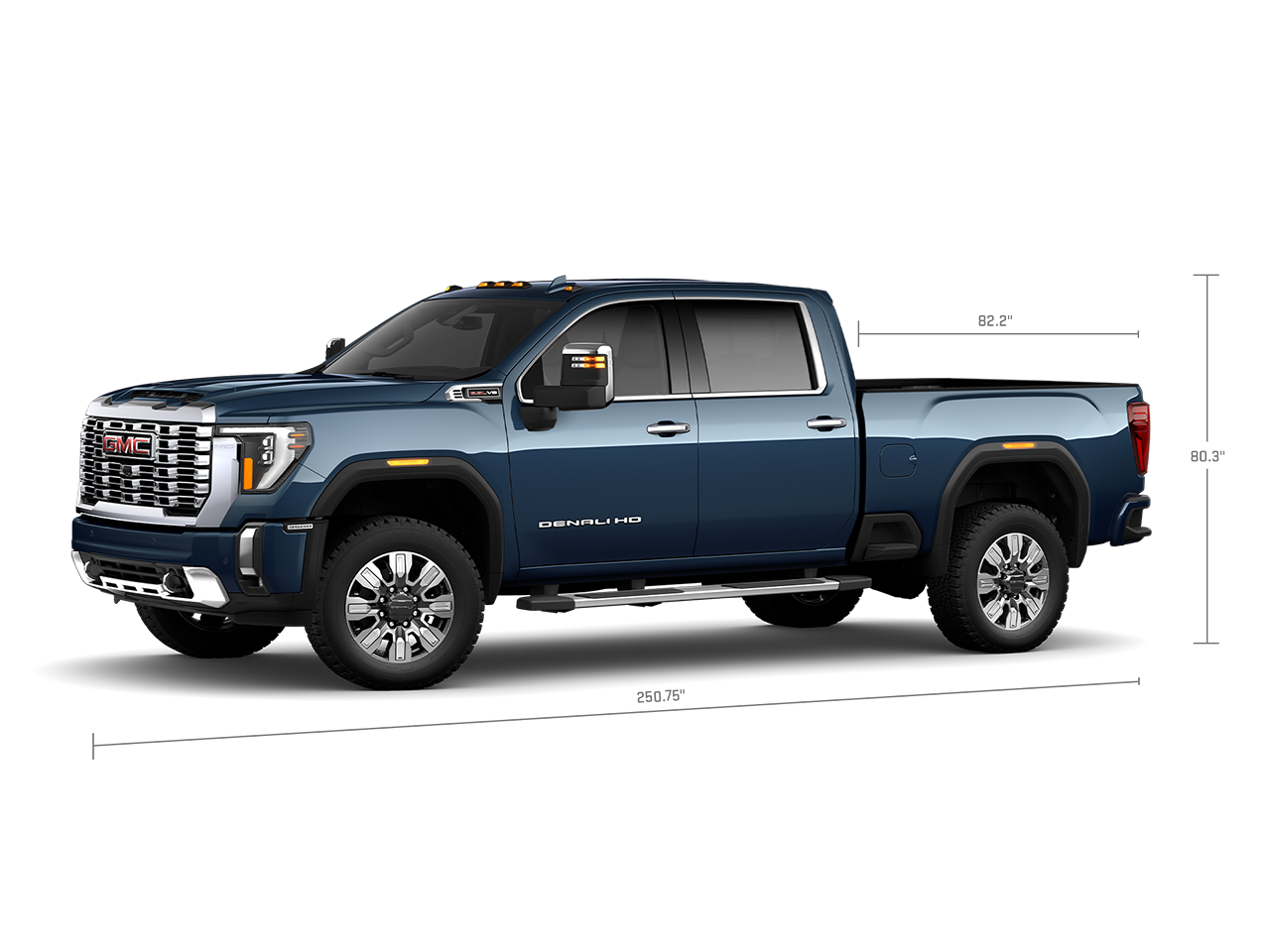 Profile View of the GMC 2026 Sierra 3500 HD Denali Luxury Truck with Measurements for the Truck and Truck Bed