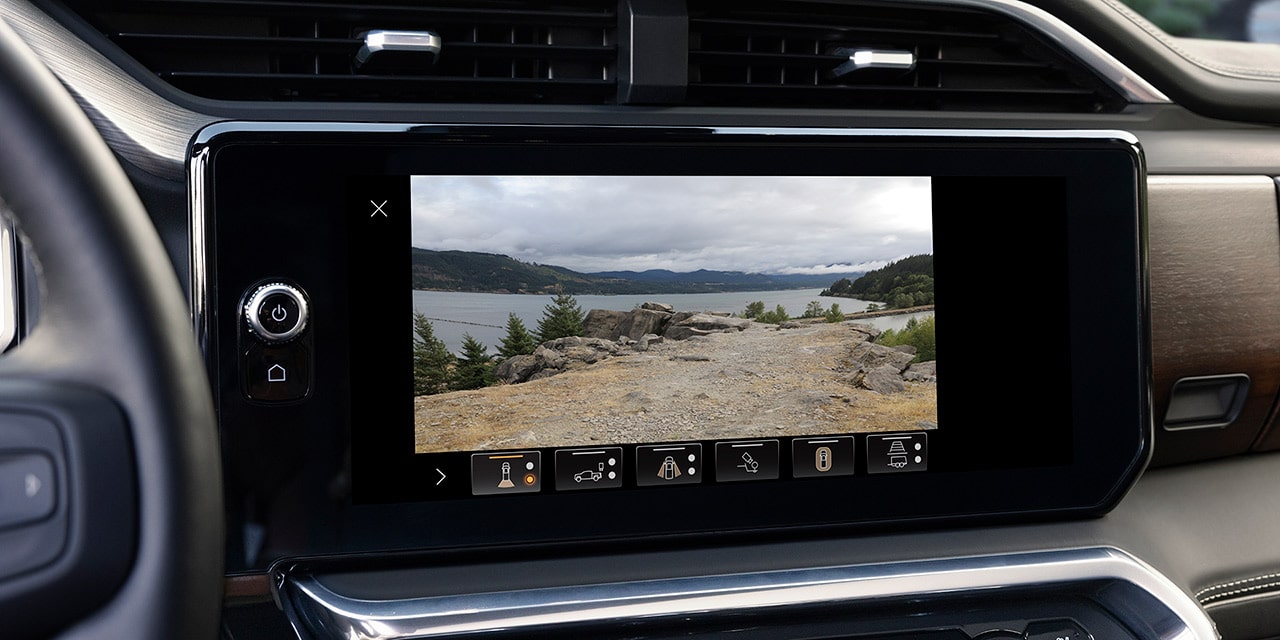 Close-up of the Infotainment Screen in the 2026 GMC Sierra 1500 Pickup Truck Displaying one of the Camera Views