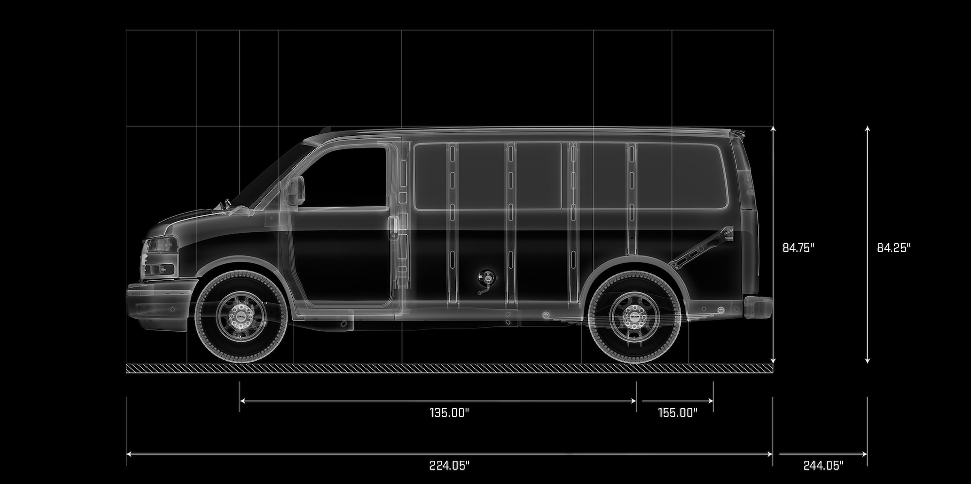 GMC 2027 Savana 2500 Passenger Van Line Art Diagram Displaying Side Profile and Key Dimensions