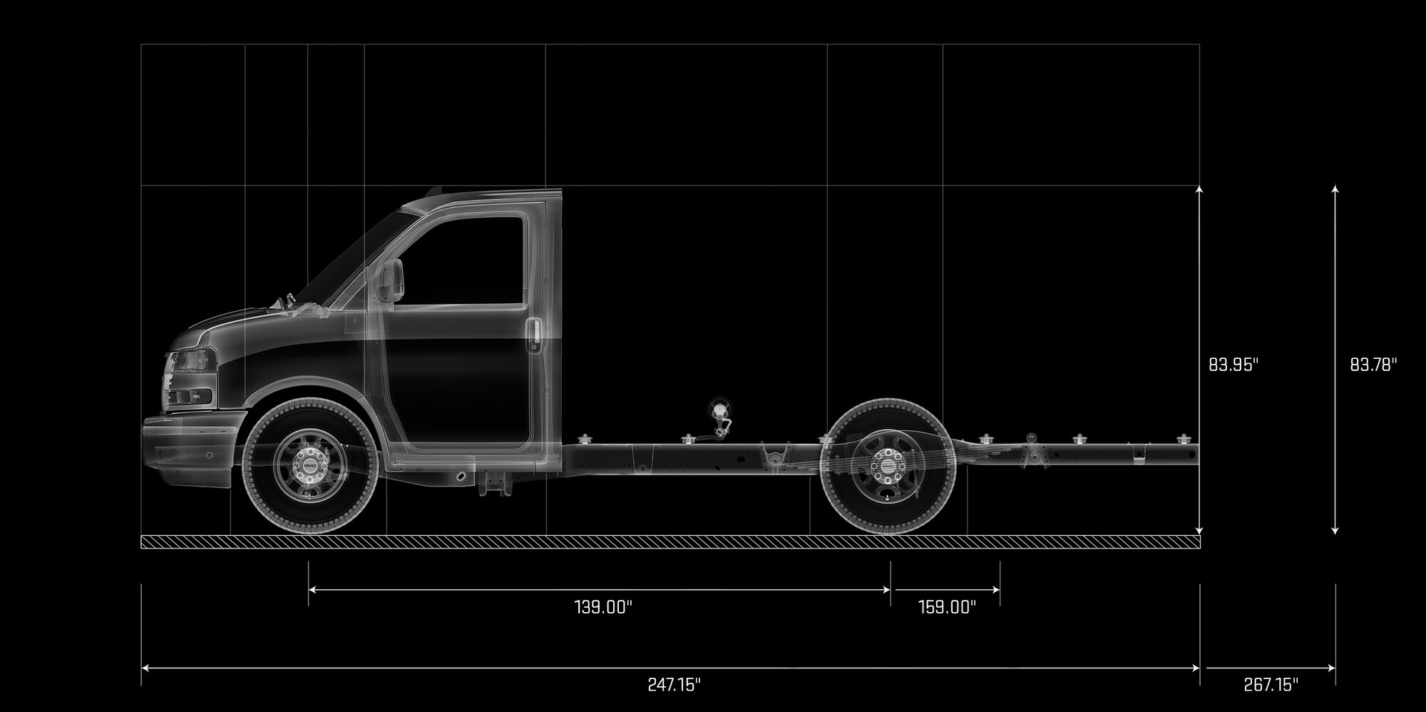 GMC 2027 Savana 3500 Cutaway Van Chassis Line Art Diagram Displaying Side Profile and Key Dimensions