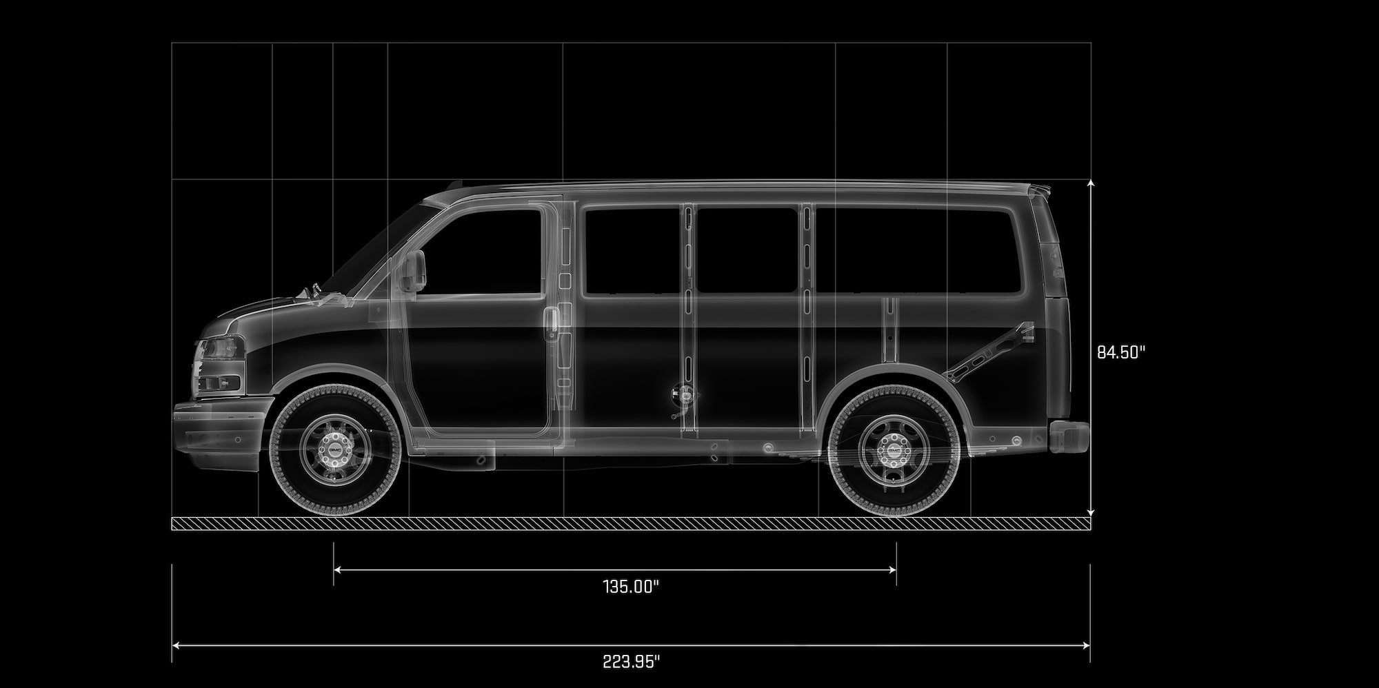 GMC 2027 Savana 2500 Passenger Van Line Art Diagram Displaying Side Profile and Key Dimensions
