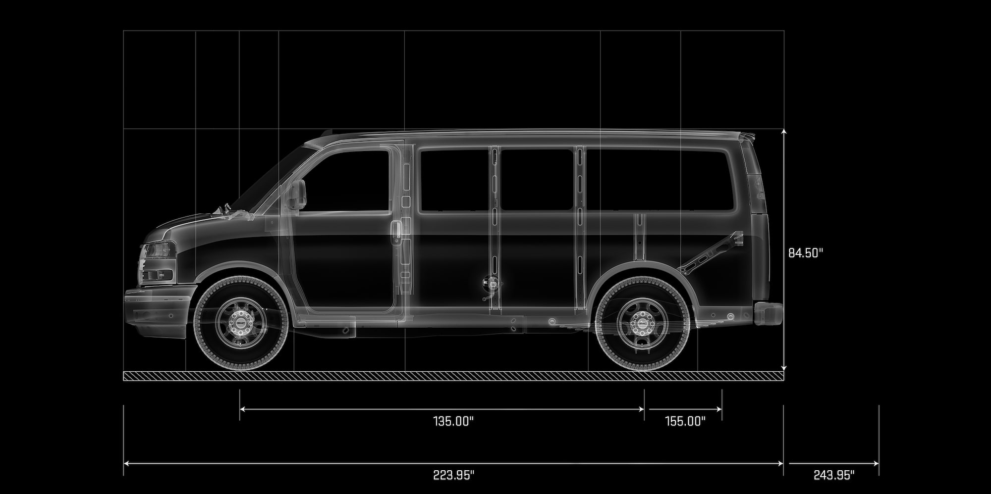 GMC 2027 Savana 3500 Passenger Van Line Art Diagram Displaying Side Profile and Key Dimensions