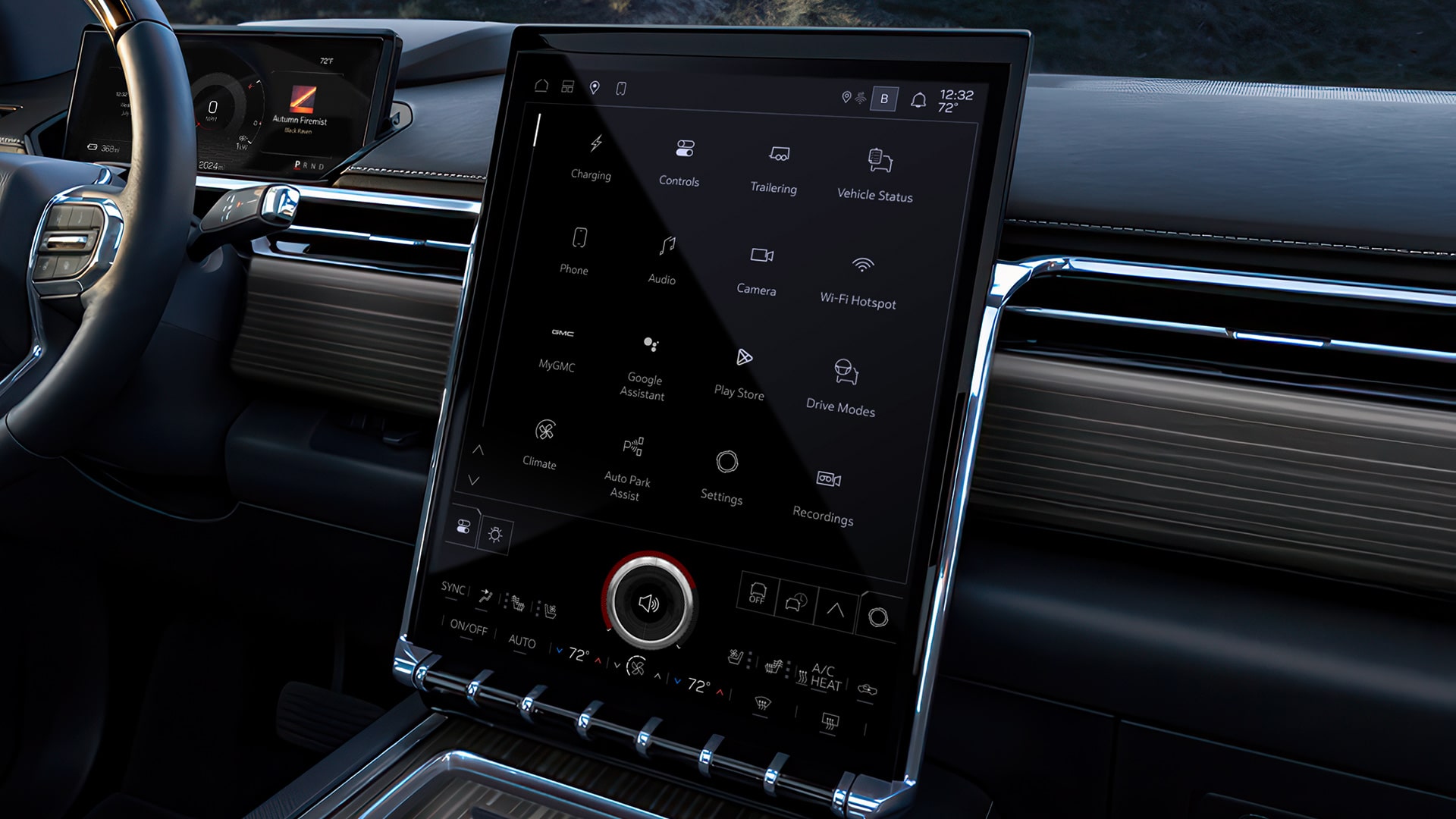 The Sophisticated Digital Cockpit of a GMC Sierra EV Denali Featuring a Large Infotainment Touchscreen