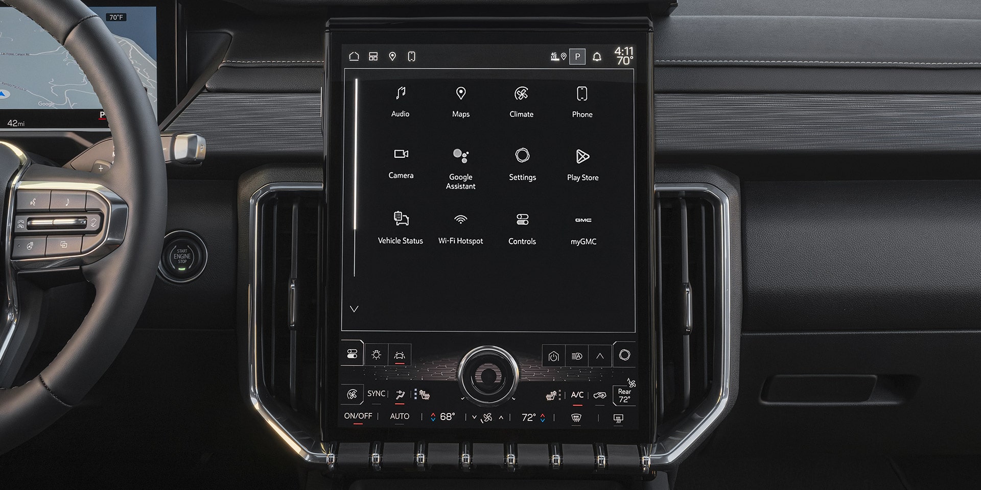 A Car Interior with a Large Vertical Touchscreen Display Showing Various App Icons and Climate Controls
