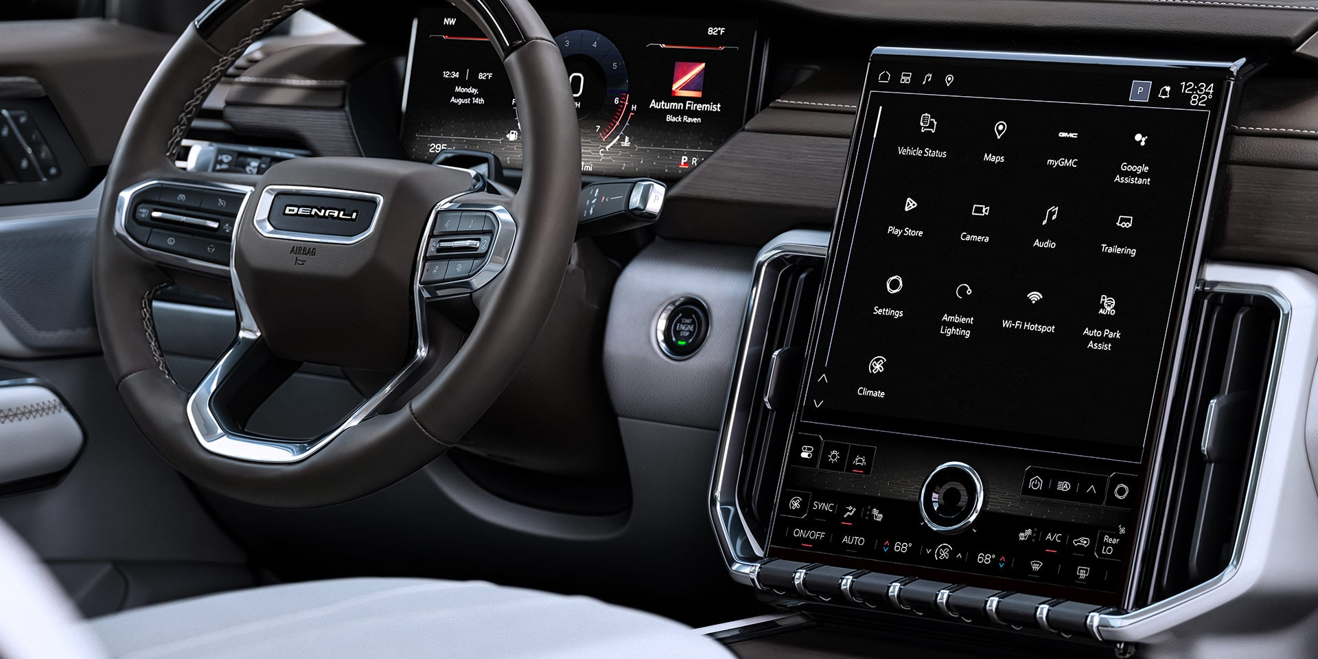 A Car Interior with a Large Vertical Touchscreen Display Showing Various App Icons and Climate Controls