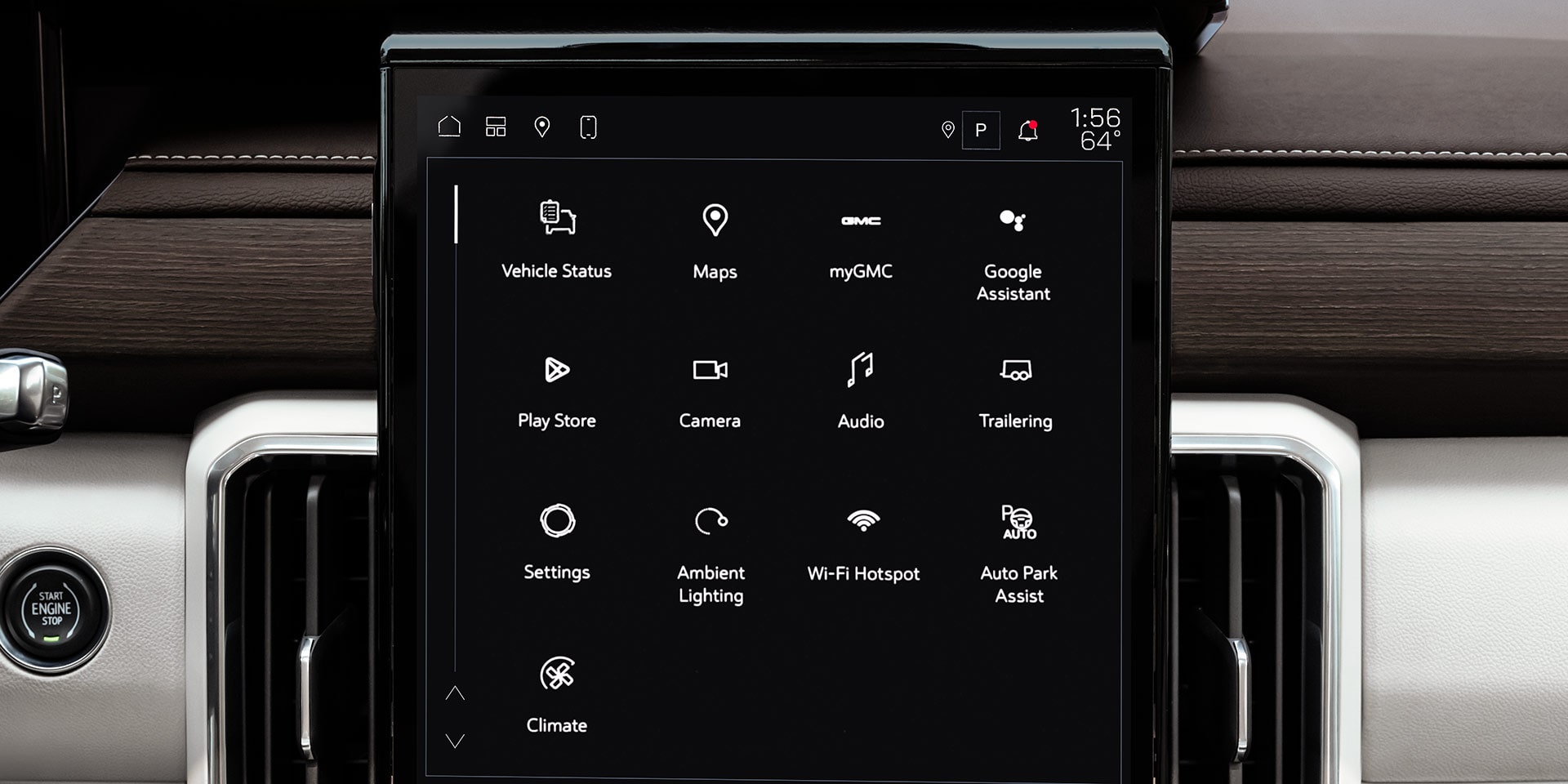 A Large Vertical Infotainment Screen in a GMC Vehicle Displaying Navigation and Vehicle Control Icons