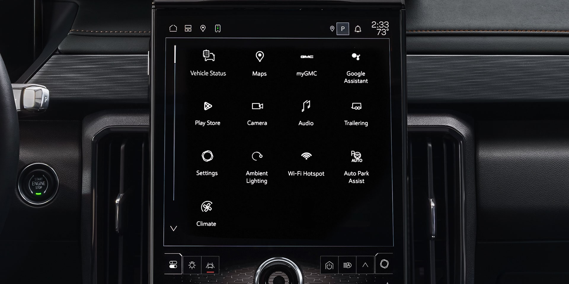 An Interior View Of a GMC Vehicle's Infotainment System Displaying Various App Icons Like Maps, MyGMC, and Settings