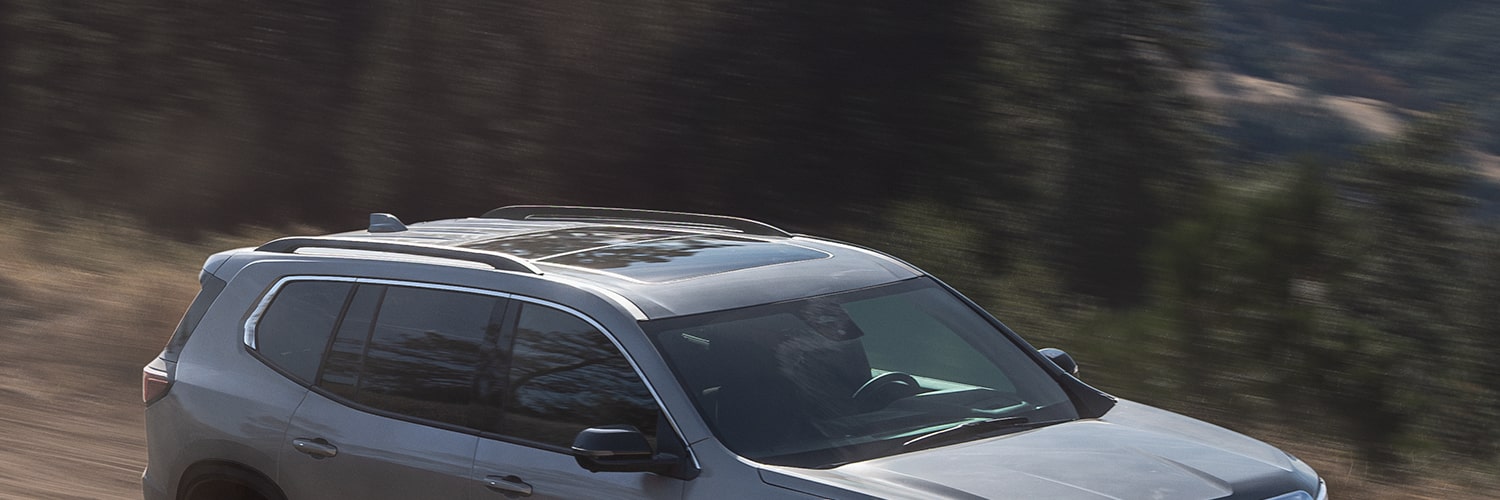 Gray GMC SUV Driving on a Winding Dirt Road With Blurred Green Foliage in the Background