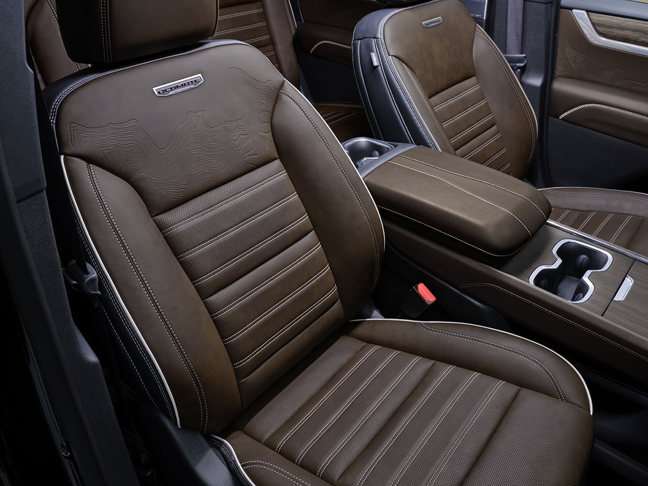 Interior View of the Brown Leather Interior Seats Inside a 2027 Acadia Denali.