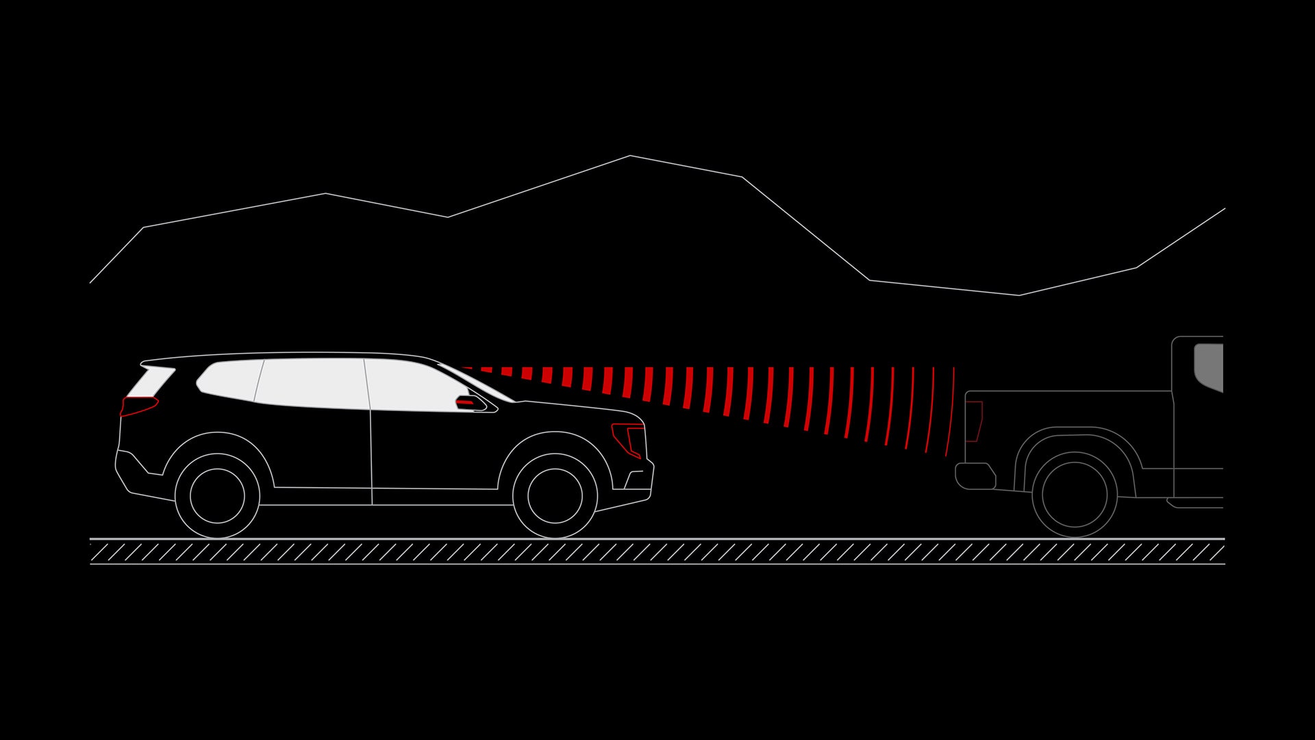 An Illustration of a GMC SUV Using Red Sonar Waves to Detect a Pickup Truck Ahead
