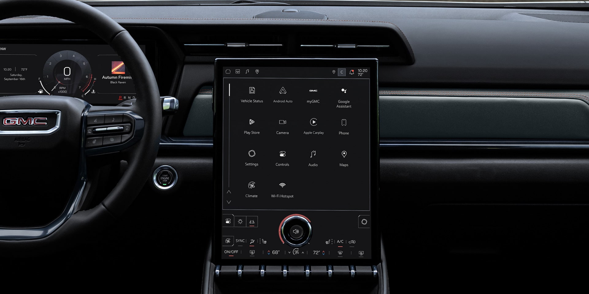 The Interior of a GMC Vehicle with a Large Vertical Infotainment Screen Displaying Apps Such as Apple CarPlay and Google Assistant