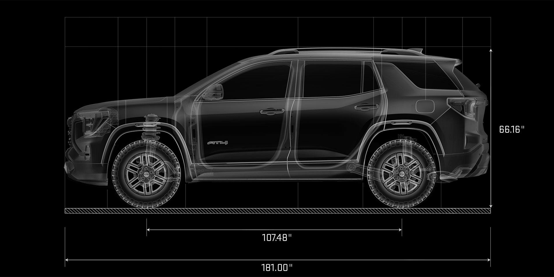 A Technical Drawing of a GMC SUV in Side Profile with Dimensions Displayed on a Black Background
