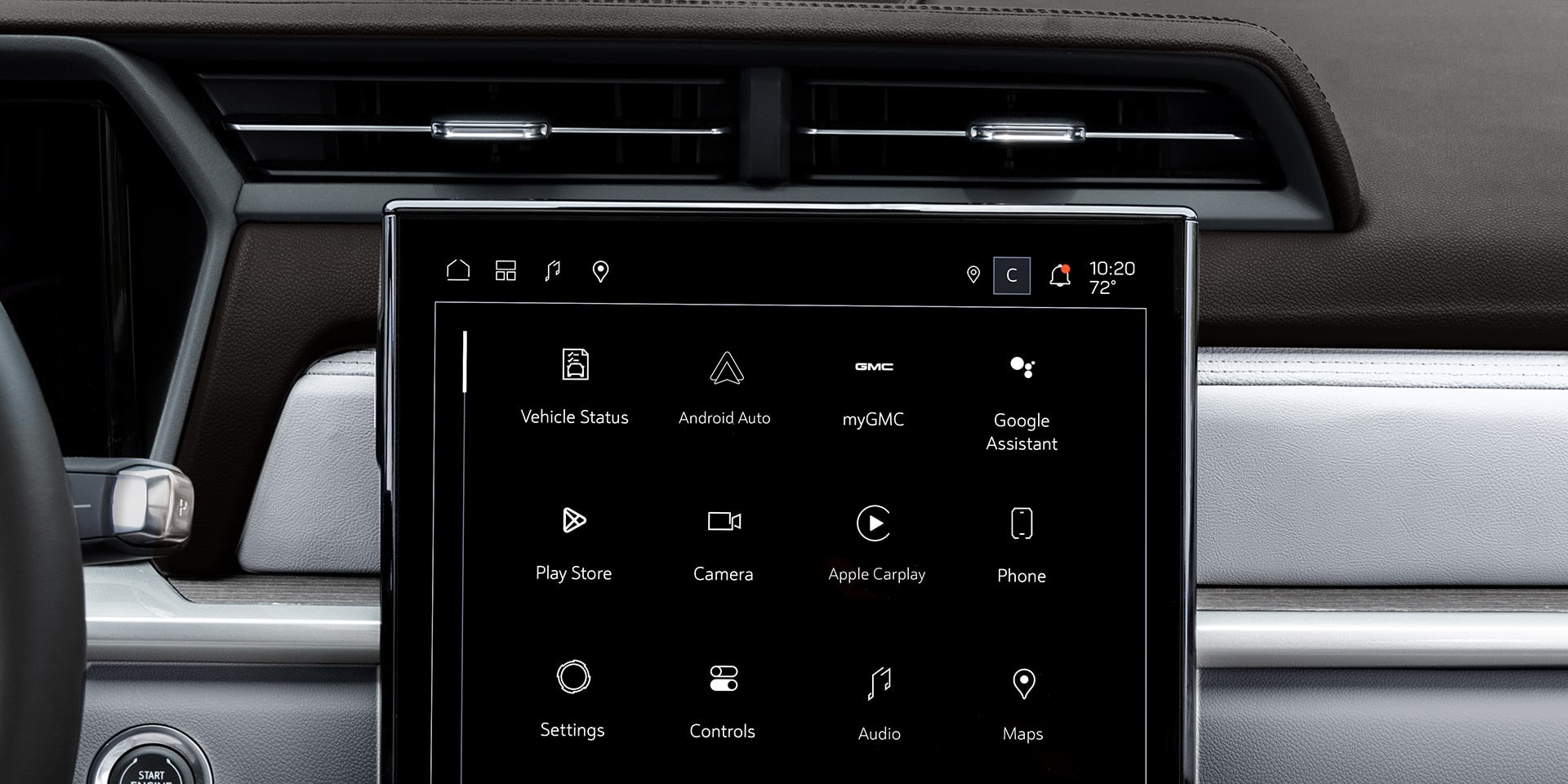 The GMC Denali Infotainment Screen Displaying Apps Such as Vehicle Status, Android Auto, and Apple Carplay