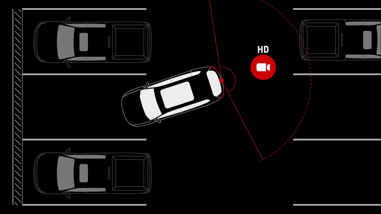 A Top-Down Diagram of a White GMC Vehicle Parking Crookedly with a Wide Angle HD Camera View