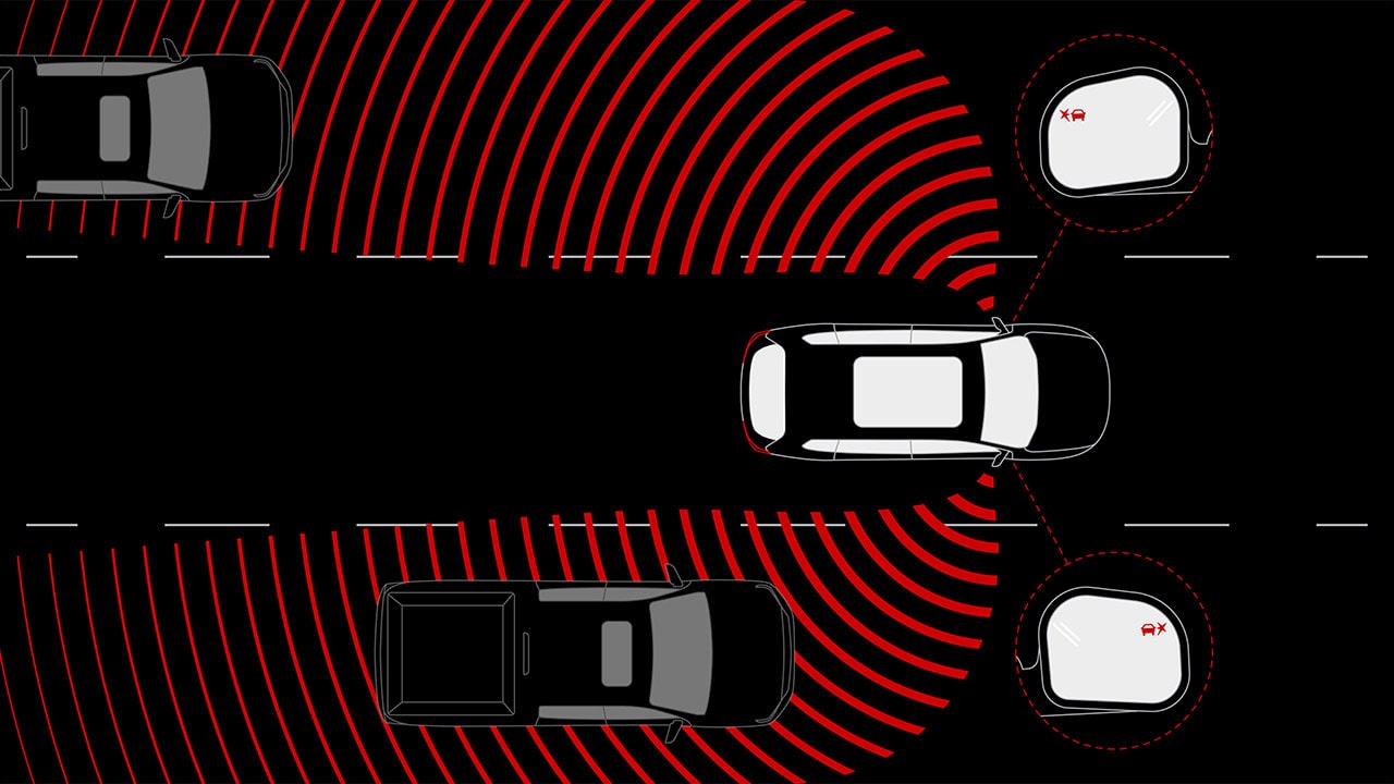 A Top-Down Diagram Of a GMC Vehicle On a Highway with Red Radar Waves Detecting Cars in its Blind Spots