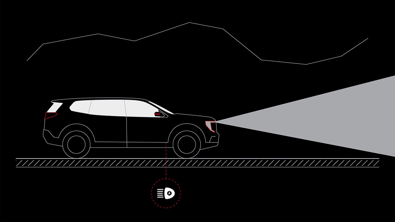 A Diagram Of a Black GMC Vehicle with Headlights On and An Automatic High Beam Icon