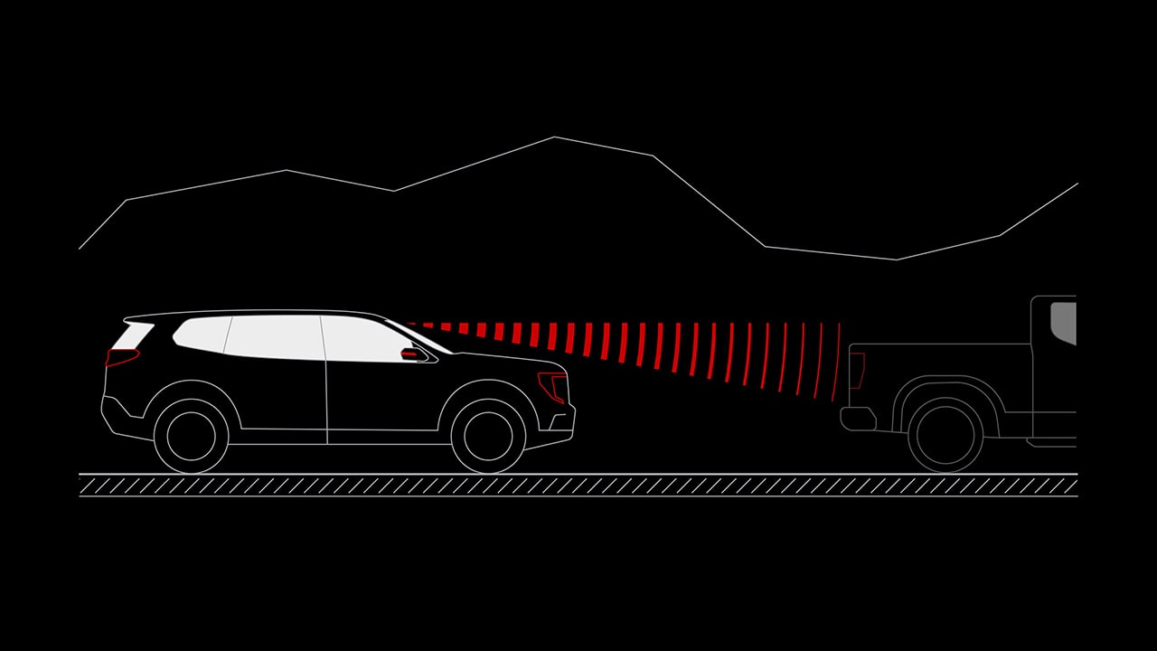A Diagram Of a Black GMC Vehicle with Red Radar Waves Detecting a Pickup Truck From Behind