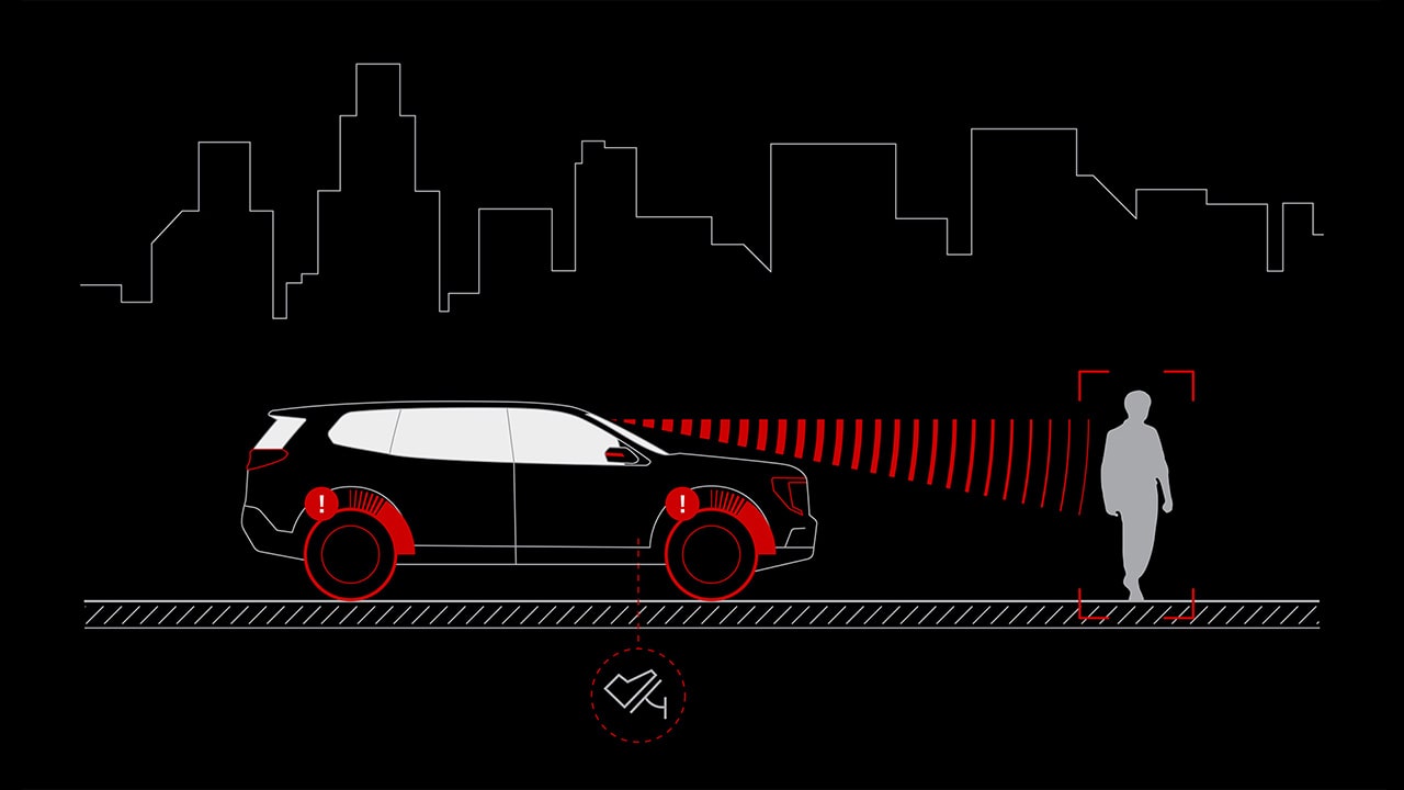 A Diagram Of a Black GMC Vehicle with Red Radar Waves Detecting a Pedestrian Against a City Skyline
