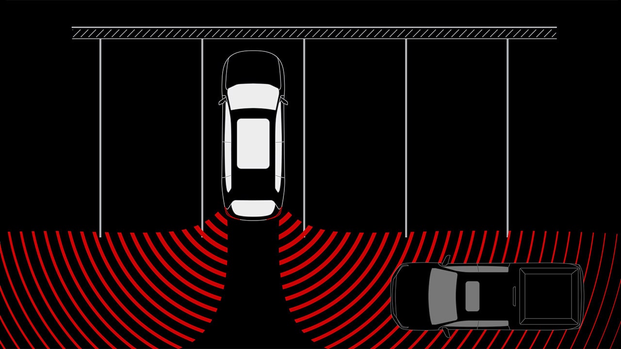 A Top-Down Diagram Of a White GMC Vehicle Backing Into a Parking Spot with Red Radar Waves Detecting a Gray Vehicle