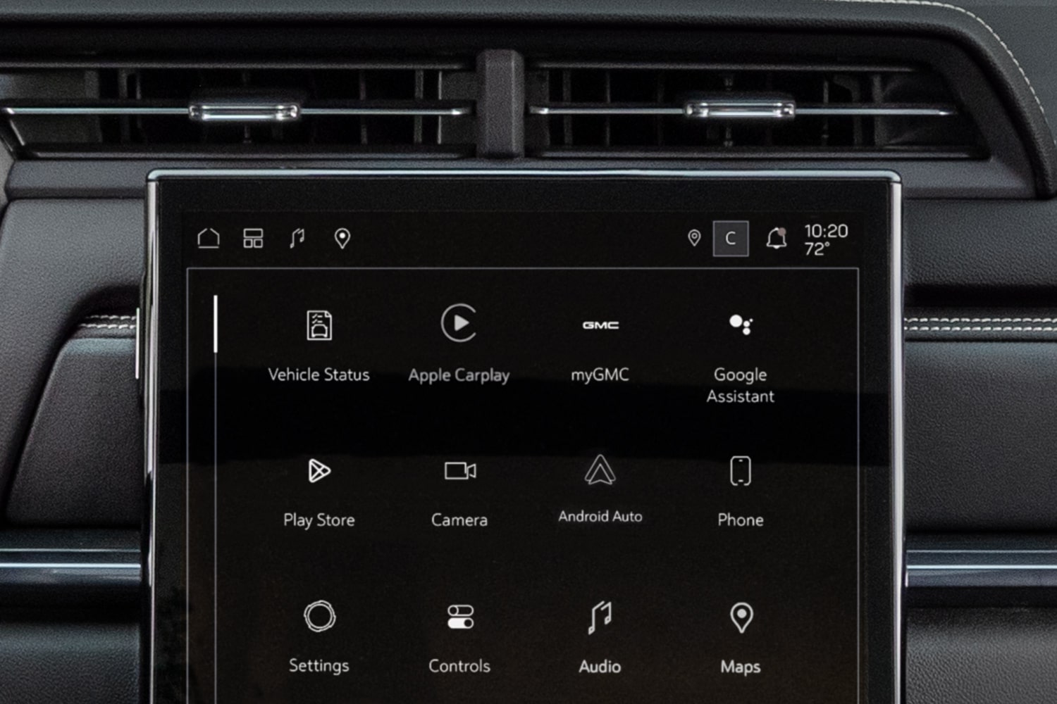 GMC Infotainment Screen Displaying Icons for Vehicle Status, myGMC, Google Assistant, and other Apps