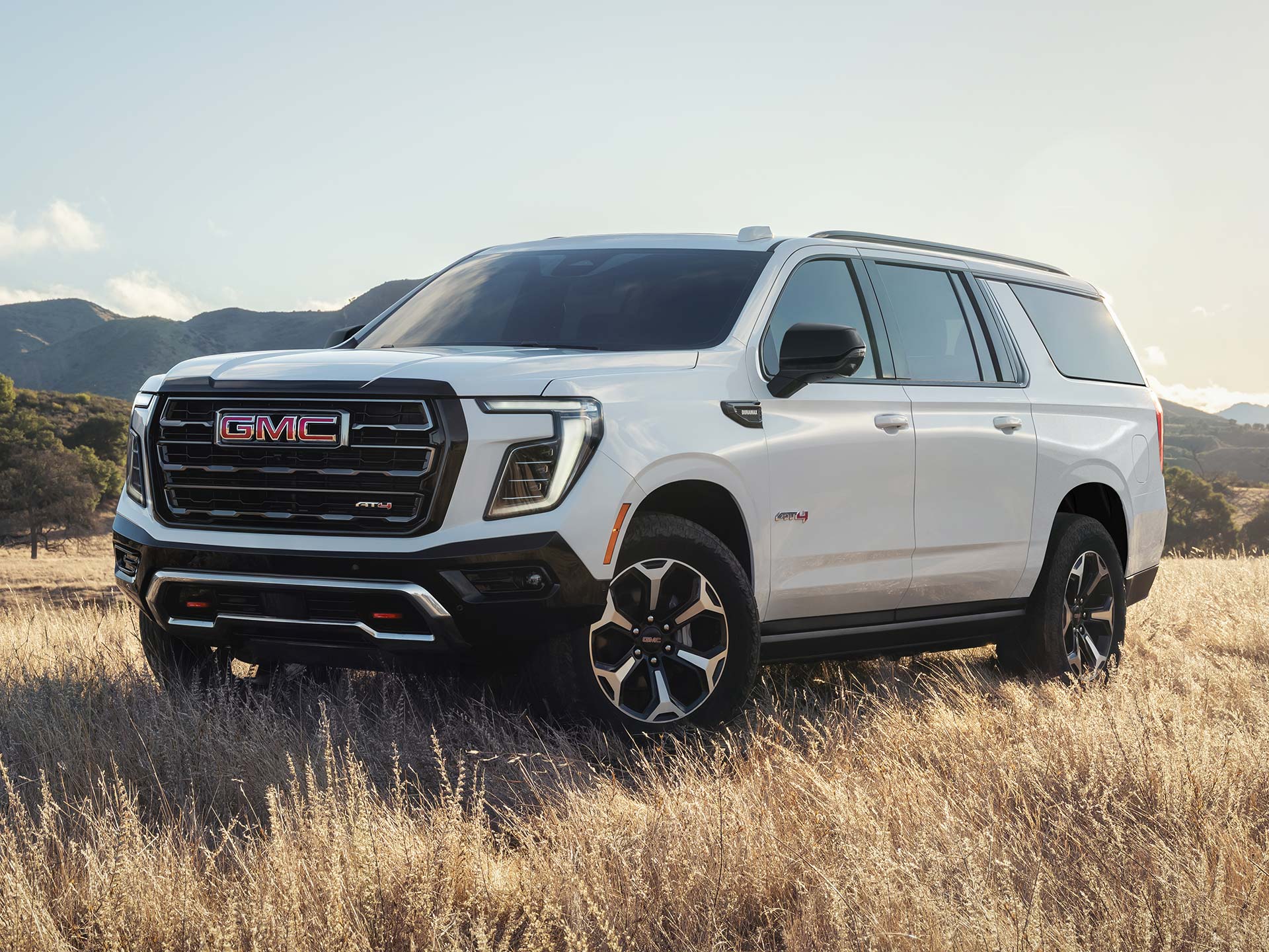A White GMC Yukon AT4 Parked in a Field of Dry Grass under a Bright Sky