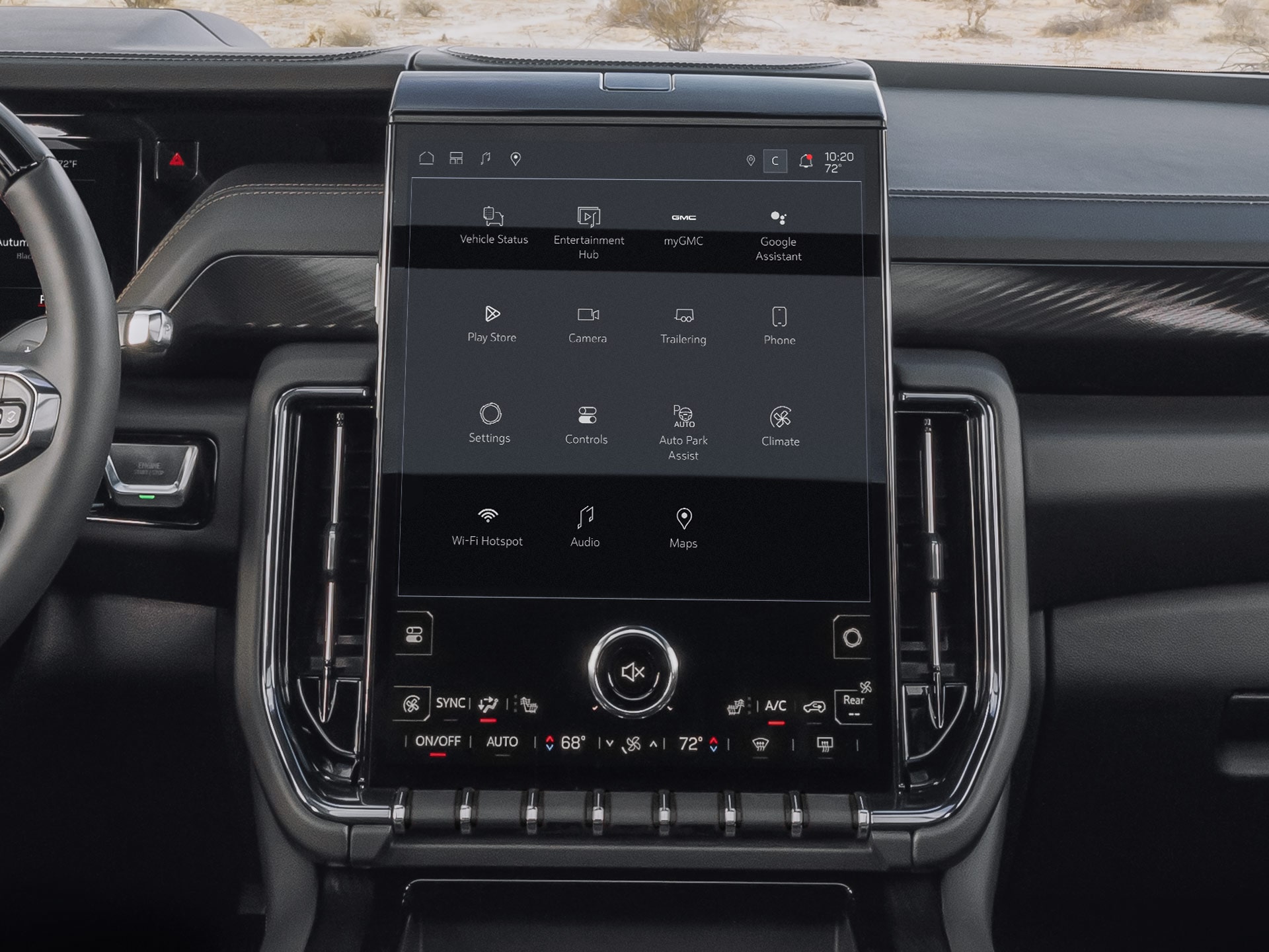 Close-up of the Vertical Infotainment Screen in the 2027 GMC Yukon Dashboard Displaying App Icons and Climate Controls